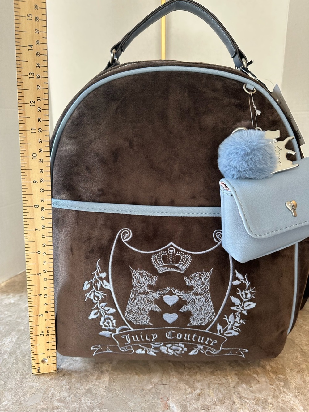 NWT Juicy Couture Bag New Love Chapter Velvet Backpack Brown & Blue Scottie Dog - Picture 10 of 11